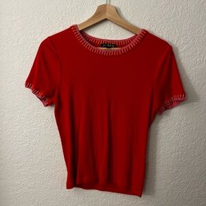 J. Crew Red Short Sleeve Ribbed Tee with Multicolor Trim